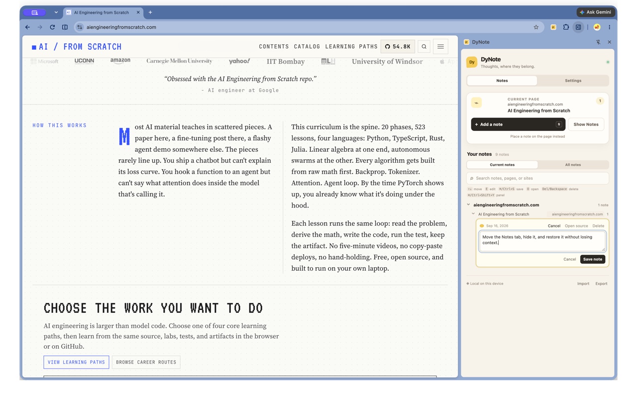 A note being edited in DyNote’s side panel with Cancel and Save note controls.