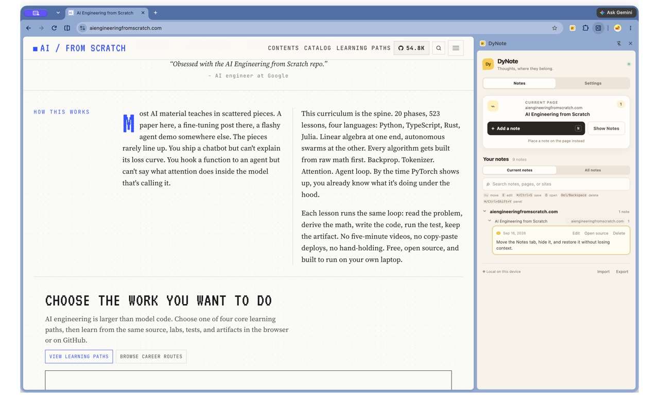 DyNote’s side panel with the page Notes tab hidden and a Show Notes recovery button visible.