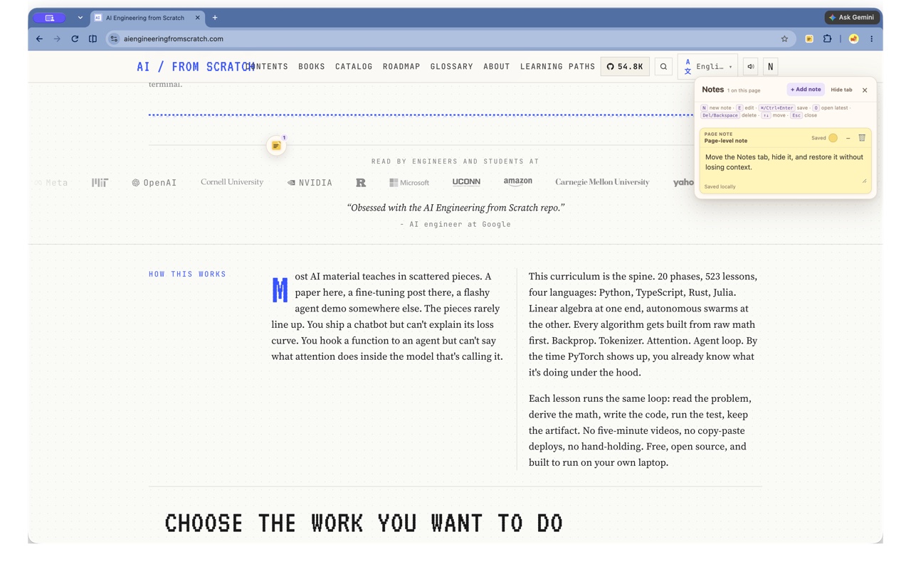 A saved page note open in DyNote’s floating notes drawer over an article page.
