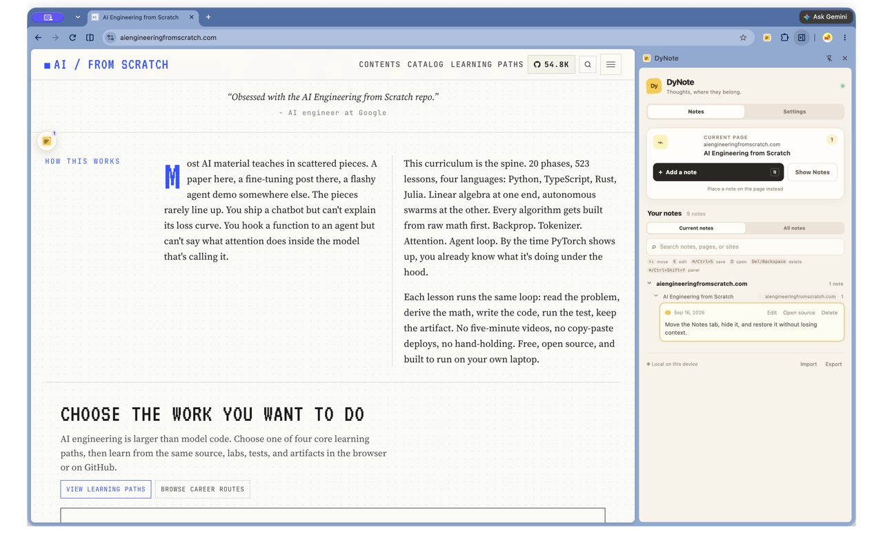 DyNote’s browser side panel showing the note saved for the current page.