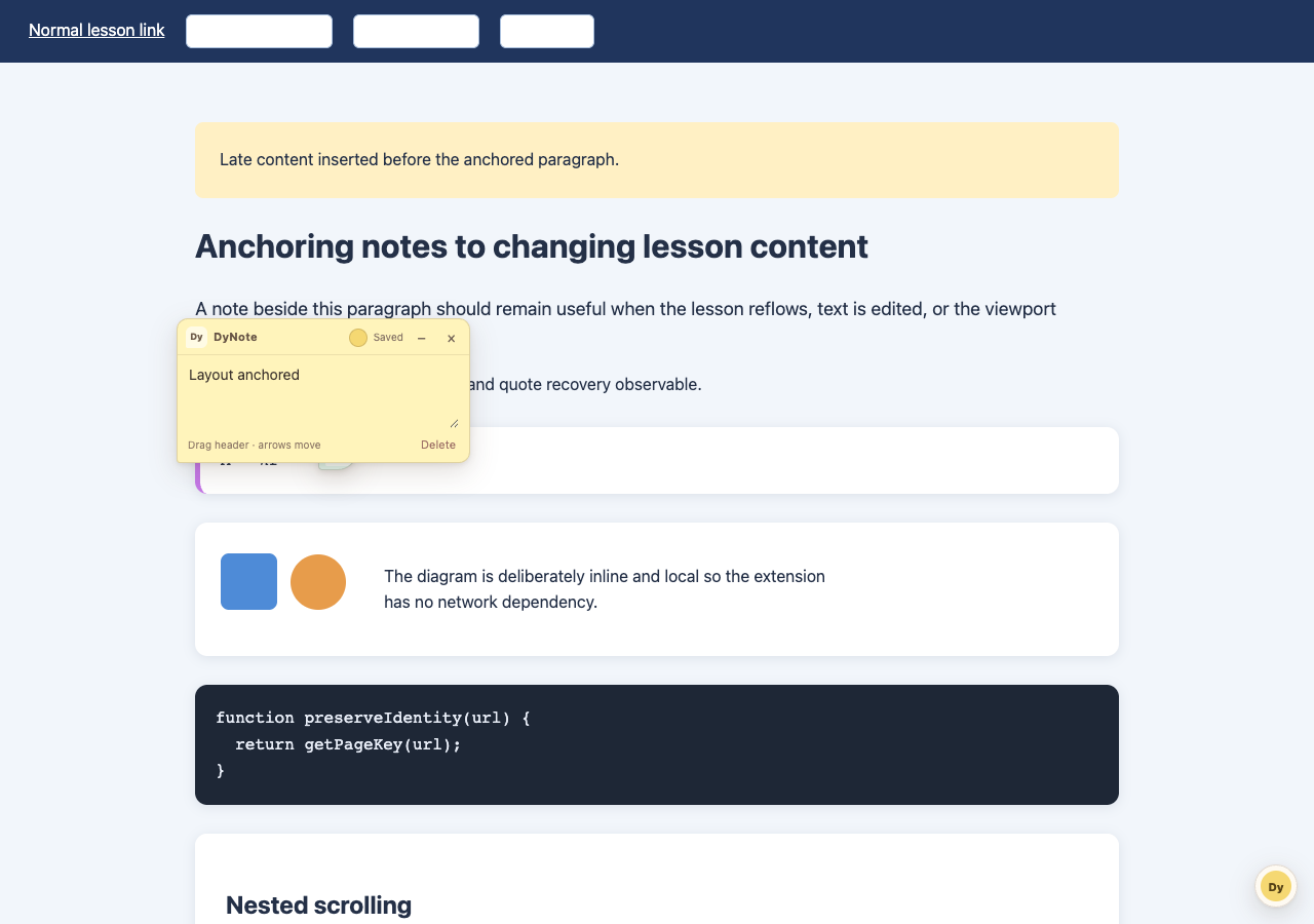 DyNote note reading Layout anchored beside a lesson paragraph and a code example
